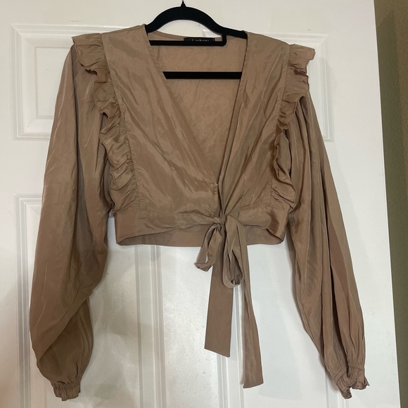 Elegant Tan Ruffle Tie-Front Crop Blouse - Picture 1 of 10